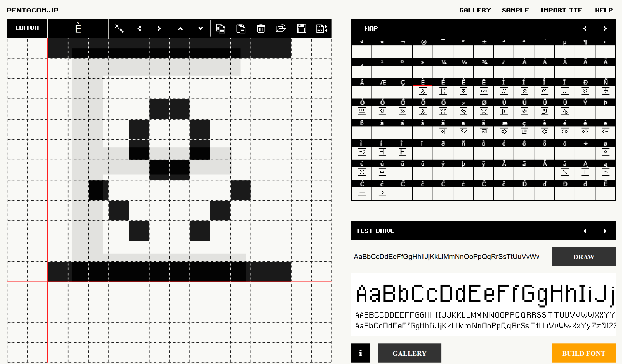 Screenshot of Bit Fontmaker 2 showing the Chaedinth symbols overwriting extended-latin byte positions